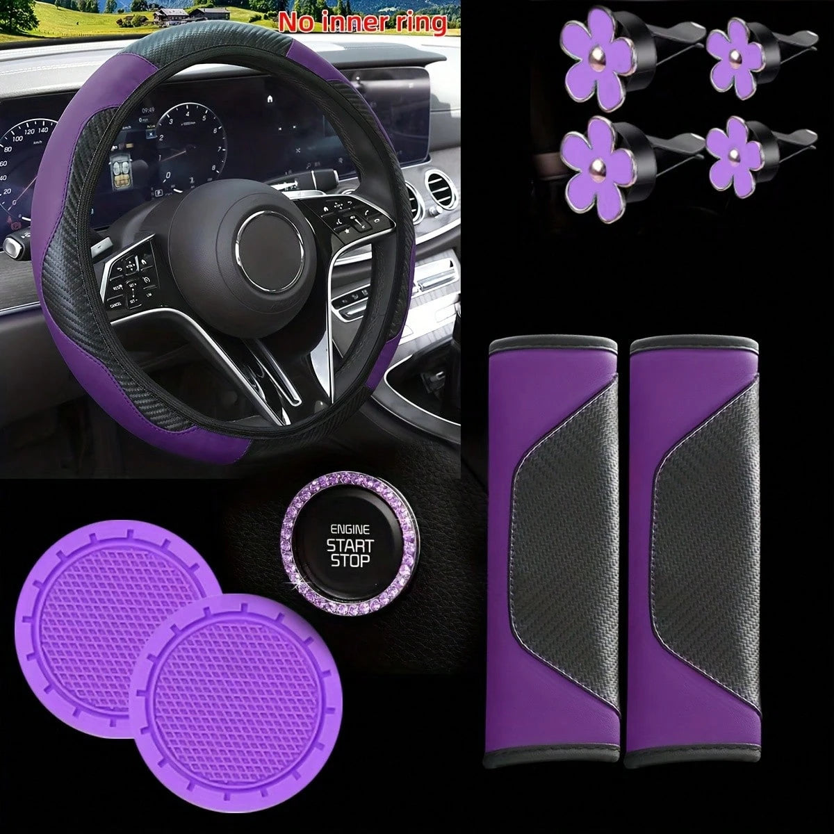 Carbon Fiber Texture Car Interior Accessories Set, Universal Steering Wheel Cover, Seat Belt Shoulder Pad, Flower Air Vent Clip, Car Cup Holder Mat, One-Touch Start Button Rhinestone Decoration Full S
