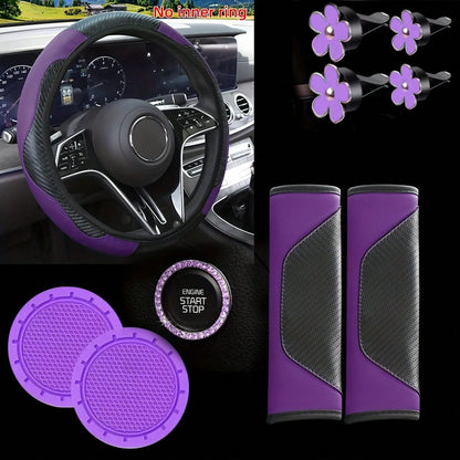 Carbon Fiber Texture Car Interior Accessories Set, Universal Steering Wheel Cover, Seat Belt Shoulder Pad, Flower Air Vent Clip, Car Cup Holder Mat, One-Touch Start Button Rhinestone Decoration Full S