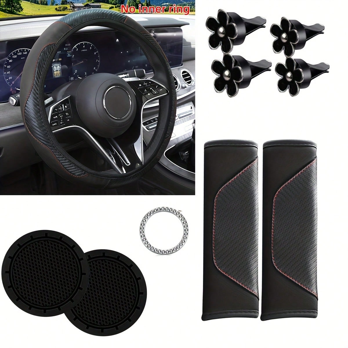 Carbon Fiber Texture Car Interior Accessories Set, Universal Steering Wheel Cover, Seat Belt Shoulder Pad, Flower Air Vent Clip, Car Cup Holder Mat, One-Touch Start Button Rhinestone Decoration Full S