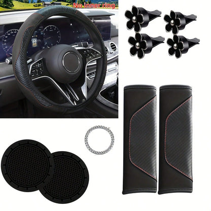 Carbon Fiber Texture Car Interior Accessories Set, Universal Steering Wheel Cover, Seat Belt Shoulder Pad, Flower Air Vent Clip, Car Cup Holder Mat, One-Touch Start Button Rhinestone Decoration Full S