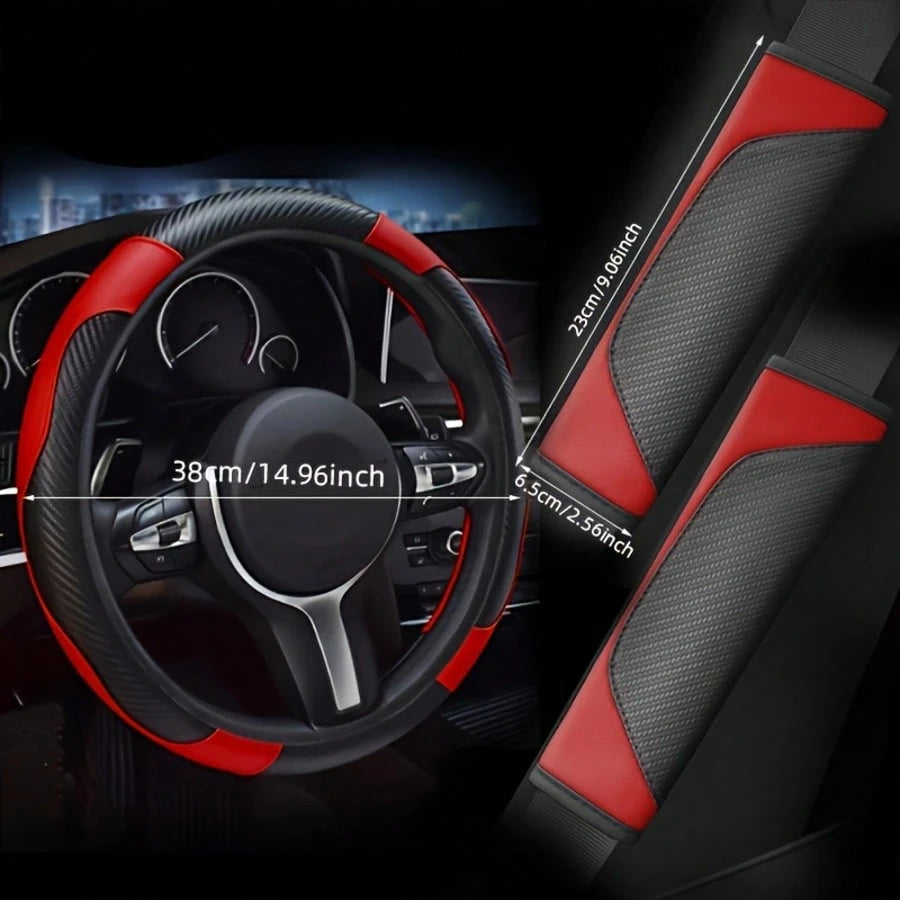 Carbon Fiber Texture Car Interior Accessories Set, Universal Steering Wheel Cover, Seat Belt Shoulder Pad, Flower Air Vent Clip, Car Cup Holder Mat, One-Touch Start Button Rhinestone Decoration Full S