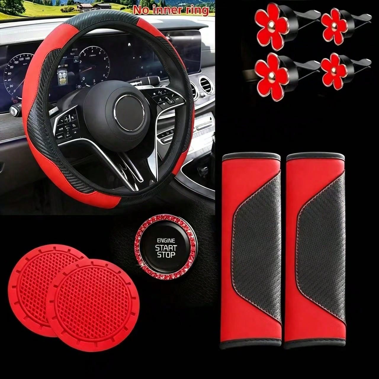 Carbon Fiber Texture Car Interior Accessories Set, Universal Steering Wheel Cover, Seat Belt Shoulder Pad, Flower Air Vent Clip, Car Cup Holder Mat, One-Touch Start Button Rhinestone Decoration Full S