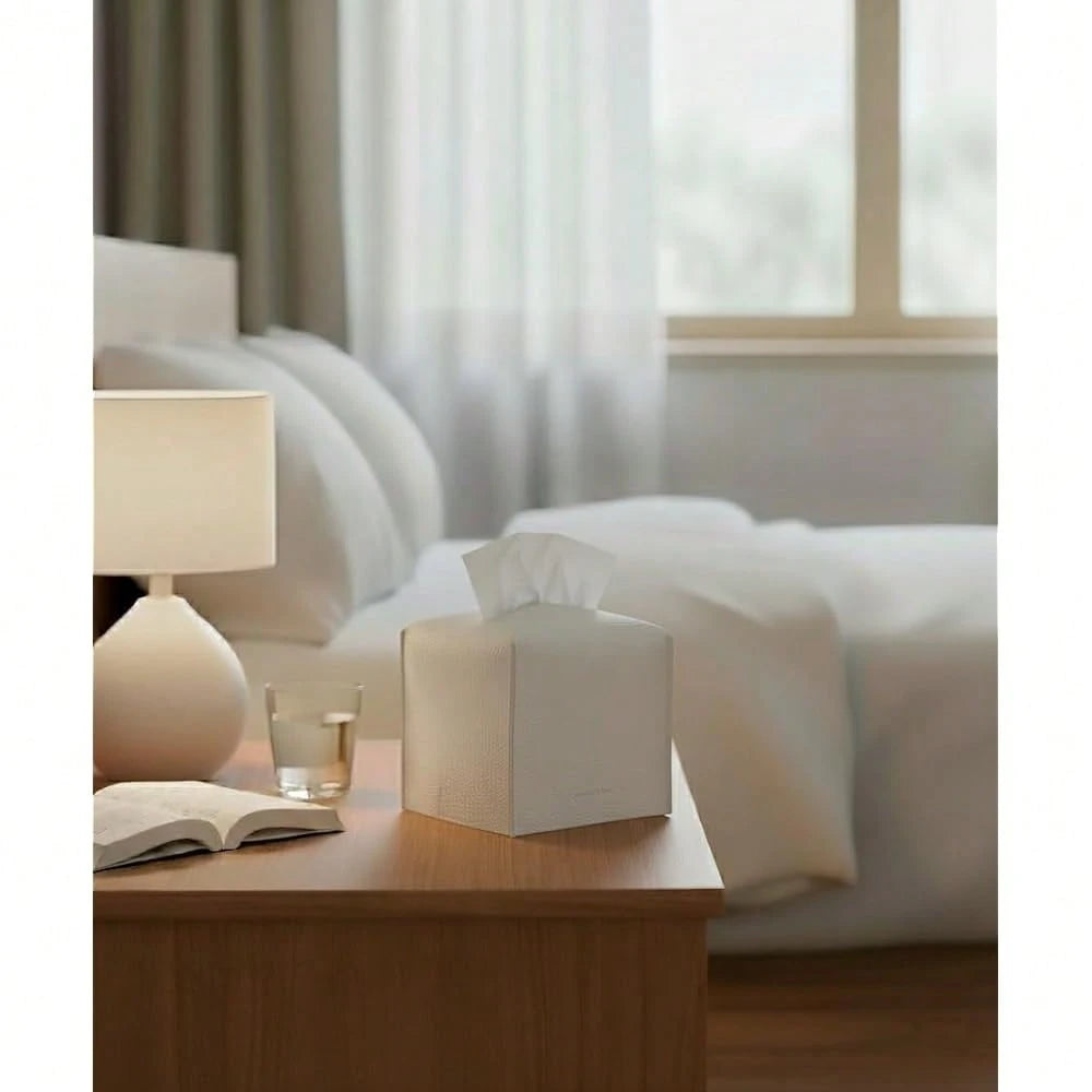 Carrot's Den PU Leather Tissue Box Cover Holder, Decor, Pure White| Faux Leather Square Holder Fits Standard Facial Tissue Boxes. Deco