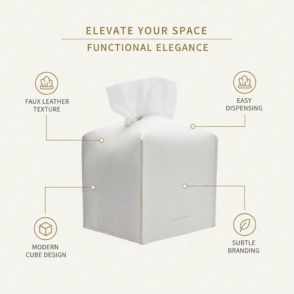 Carrot's Den PU Leather Tissue Box Cover Holder, Decor, Pure White| Faux Leather Square Holder Fits Standard Facial Tissue Boxes. Deco
