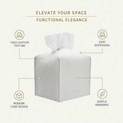 Carrot's Den PU Leather Tissue Box Cover Holder, Decor, Pure White| Faux Leather Square Holder Fits Standard Facial Tissue Boxes. Deco