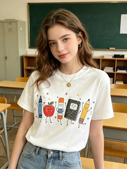 Cartoon School Supplies Graphic Tee Preppy Style Smiling Apple Crayon Pencil Print T-Shirt Casual Daily Back To School Top For Teens Adults