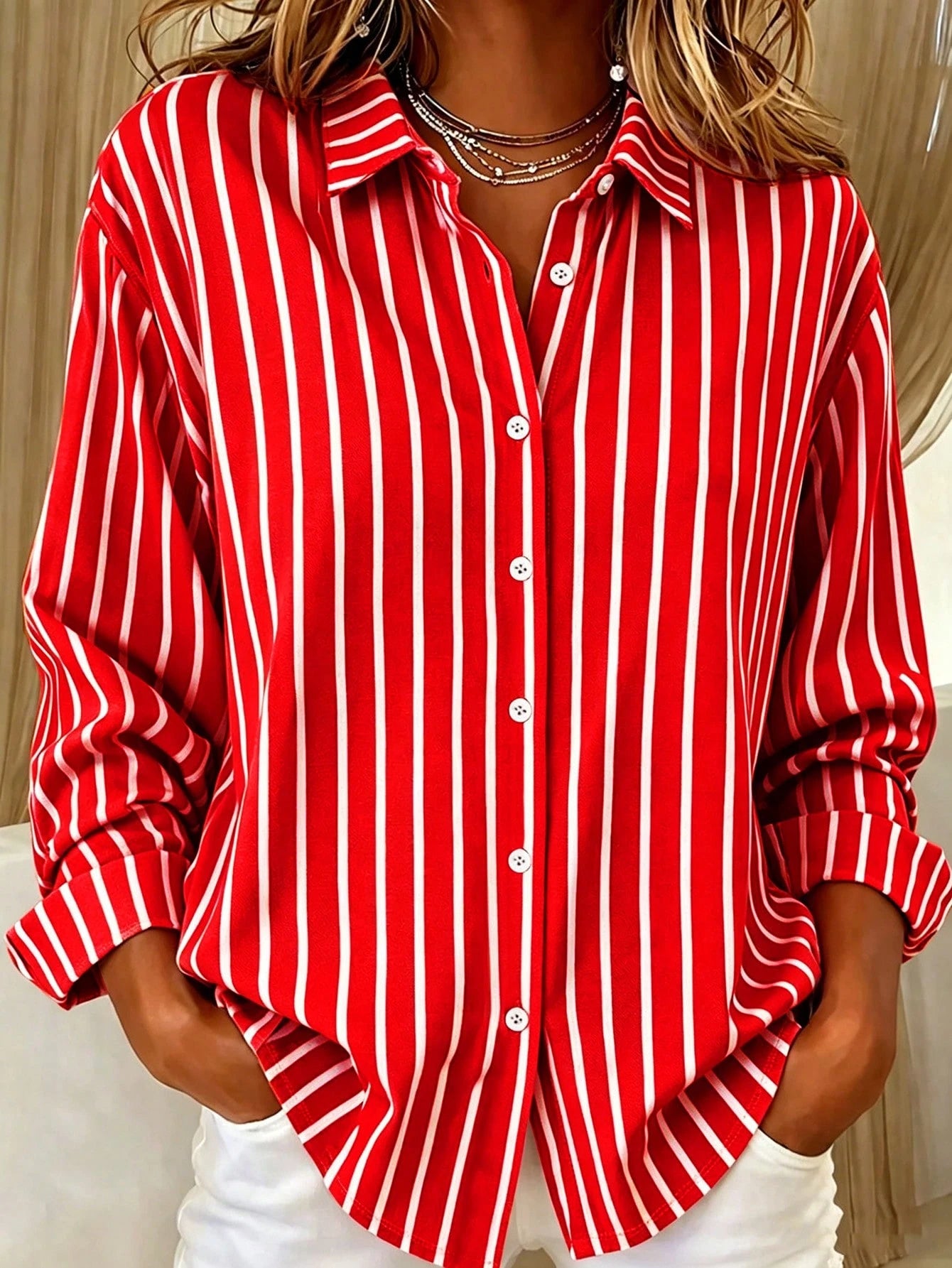 Casual Fashion Striped Print Women's Plus Size Button-Up Long Sleeve Shirt Blouse