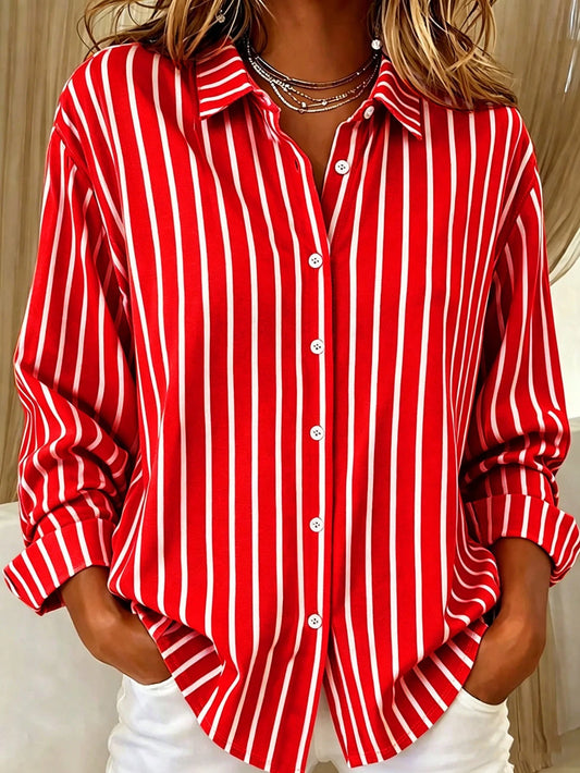 Casual Fashion Striped Print Women's Plus Size Button-Up Long Sleeve Shirt Blouse