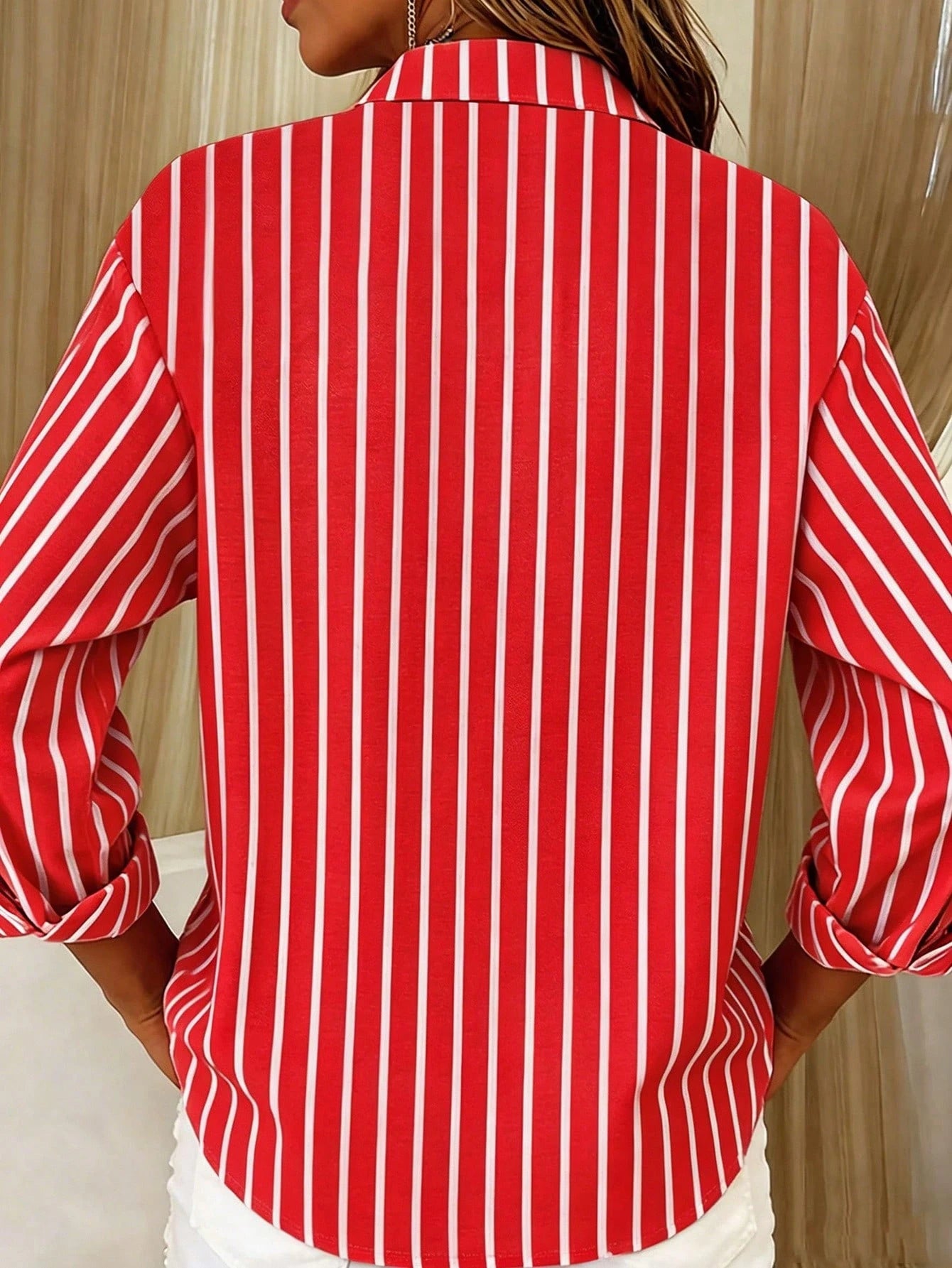 Casual Fashion Striped Print Women's Plus Size Button-Up Long Sleeve Shirt Blouse