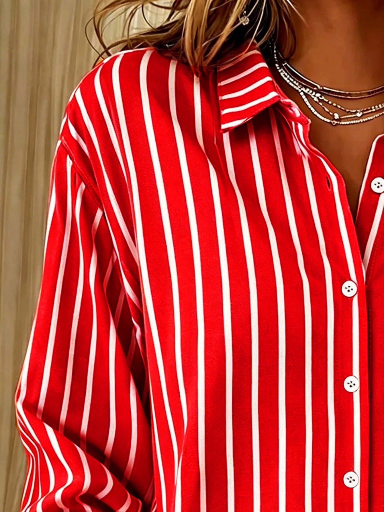 Casual Fashion Striped Print Women's Plus Size Button-Up Long Sleeve Shirt Blouse