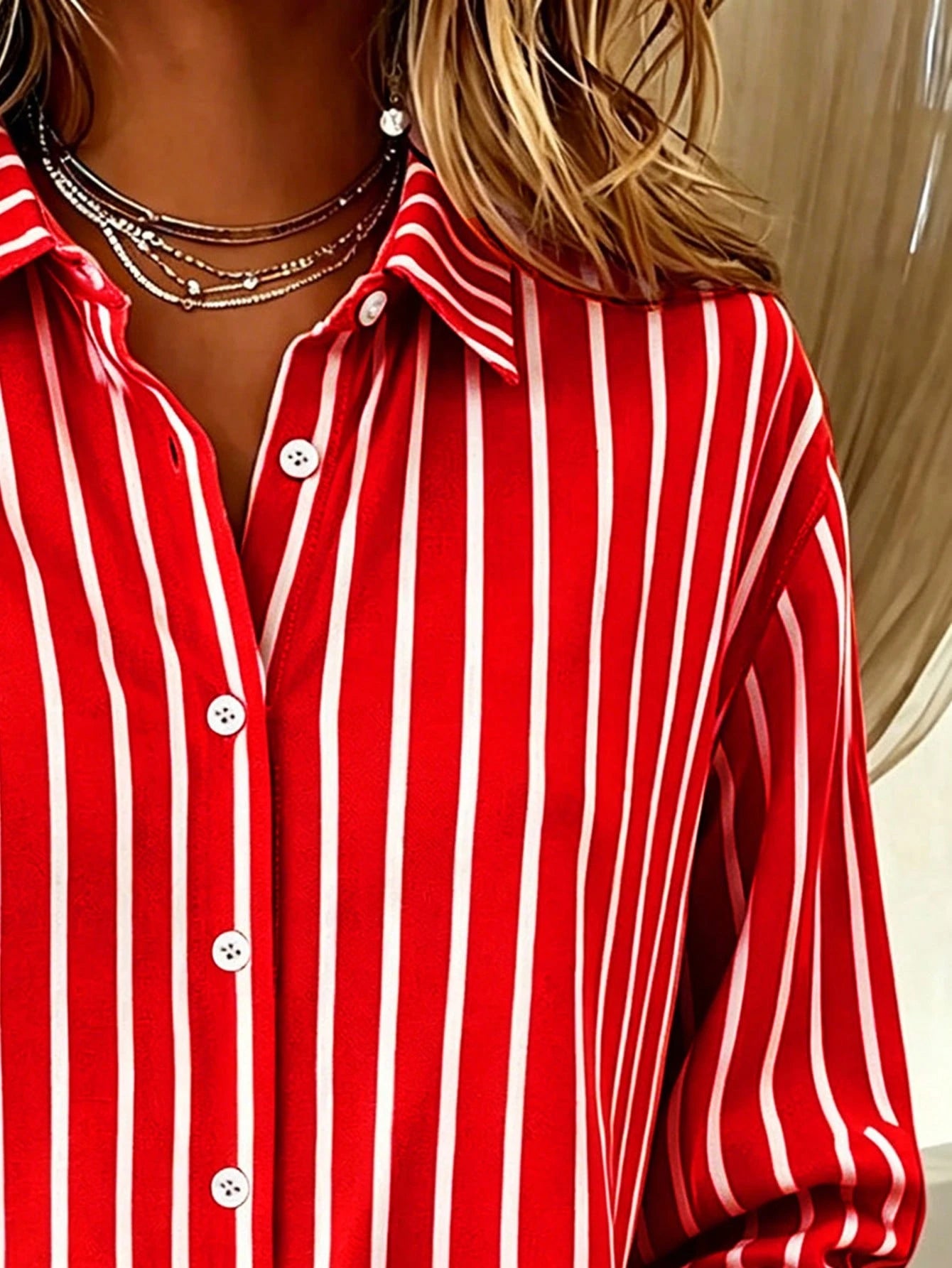 Casual Fashion Striped Print Women's Plus Size Button-Up Long Sleeve Shirt Blouse