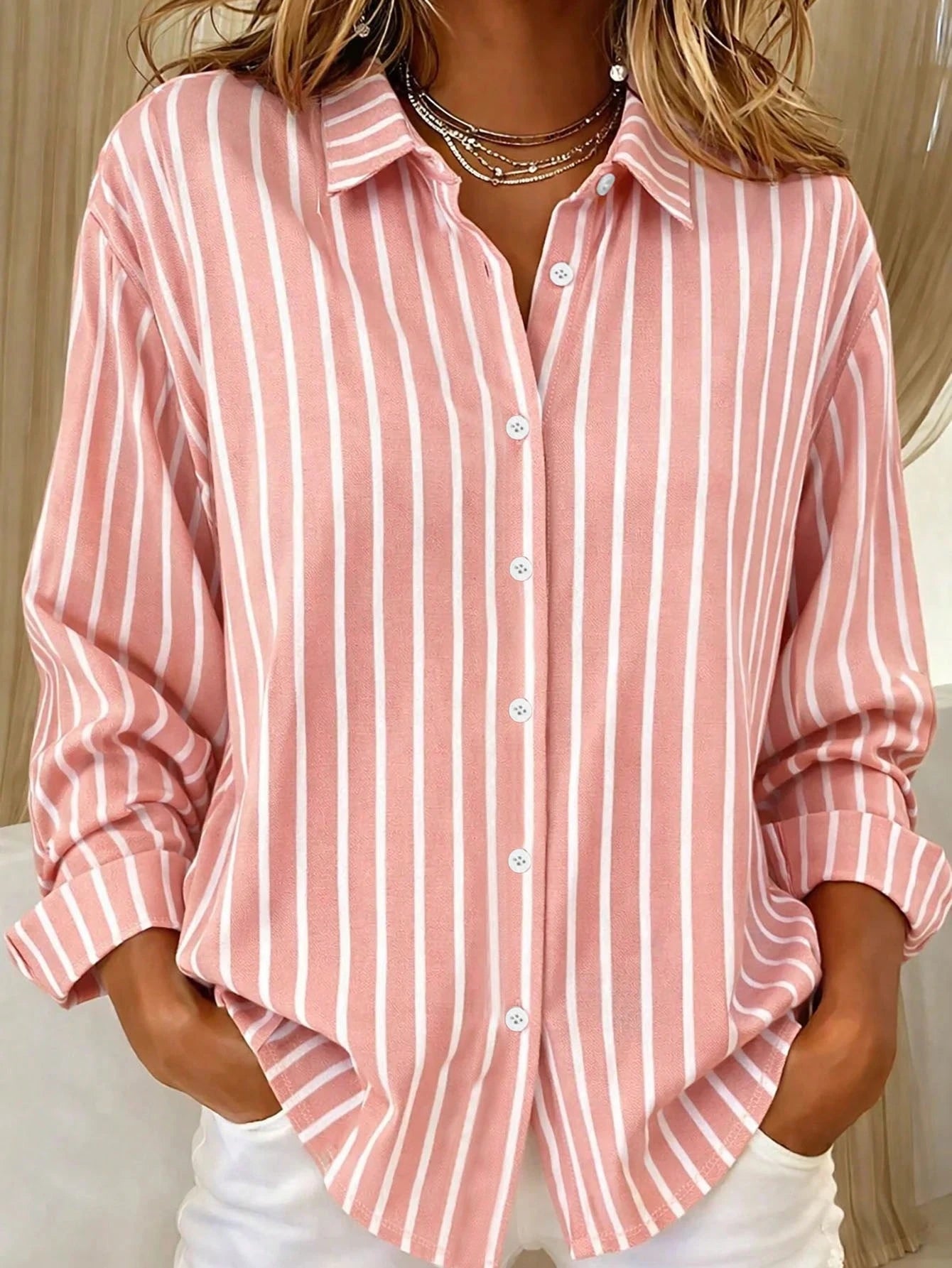 Casual Fashion Striped Print Women's Plus Size Button-Up Long Sleeve Shirt Blouse