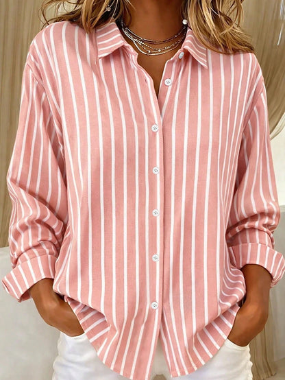 Casual Fashion Striped Print Women's Plus Size Button-Up Long Sleeve Shirt Blouse