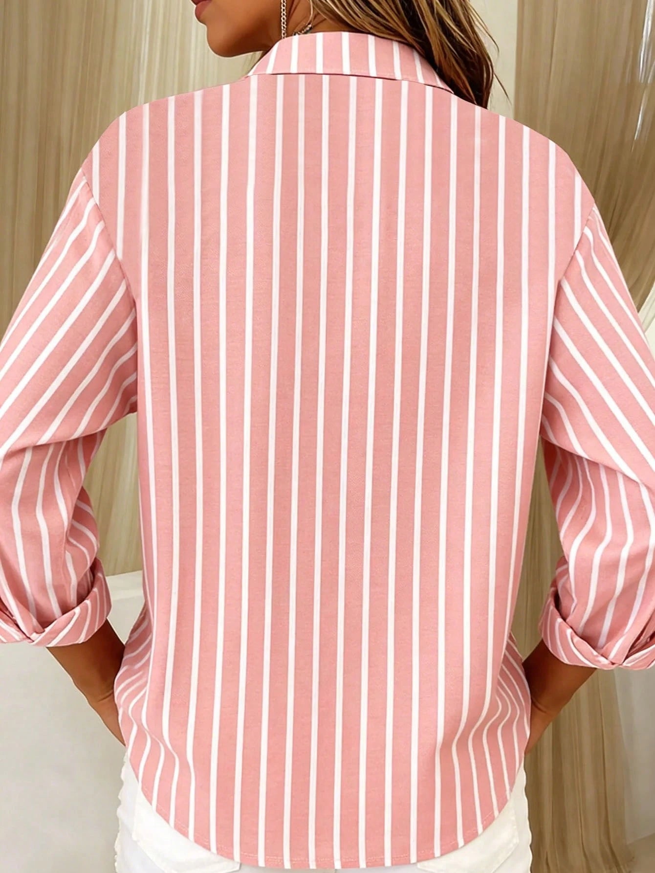 Casual Fashion Striped Print Women's Plus Size Button-Up Long Sleeve Shirt Blouse