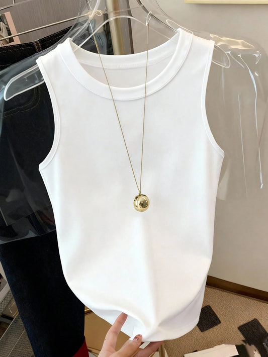 Casual Solid Color Round Neck Tank Top, Summer