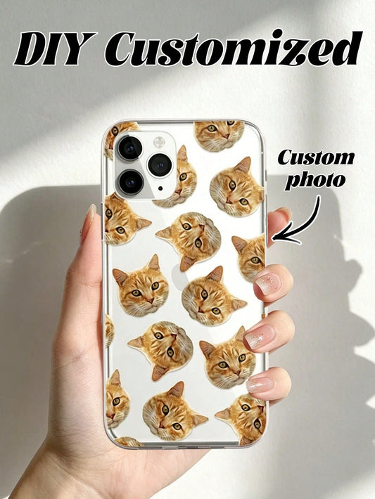 Cat Pattern Repeating Pet Head Customized Phone Case 1pc Customized TPU Transparent 1.0 Phone Case Compatible With 15 Pro Max/17 Pro Max/17, S24U, And Other Models, Protective Phone Case, Personalized