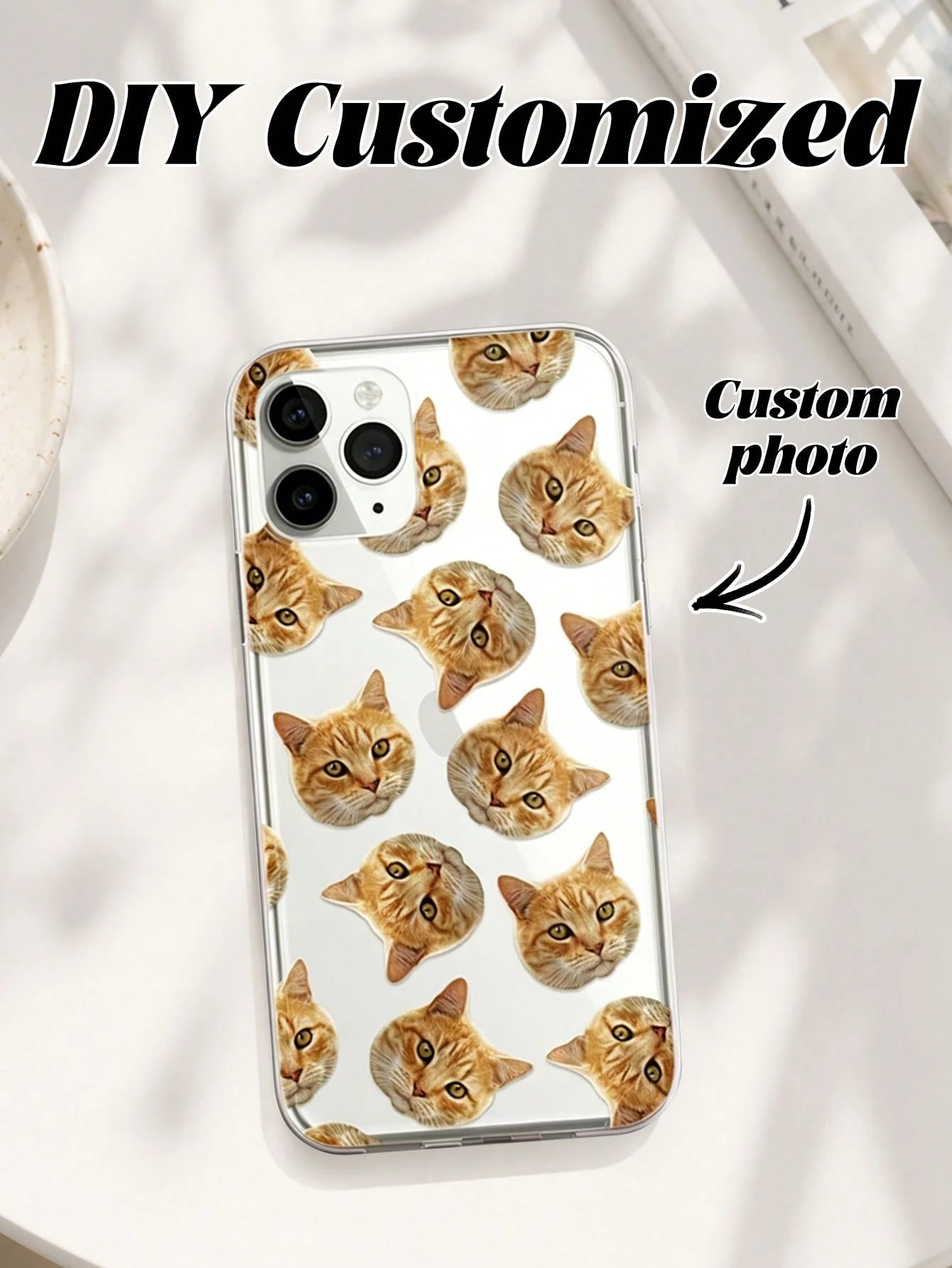 Cat Pattern Repeating Pet Head Customized Phone Case 1pc Customized TPU Transparent 1.0 Phone Case Compatible With 15 Pro Max/17 Pro Max/17, S24U, And Other Models, Protective Phone Case, Personalized