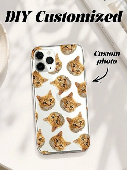Cat Pattern Repeating Pet Head Customized Phone Case 1pc Customized TPU Transparent 1.0 Phone Case Compatible With 15 Pro Max/17 Pro Max/17, S24U, And Other Models, Protective Phone Case, Personalized