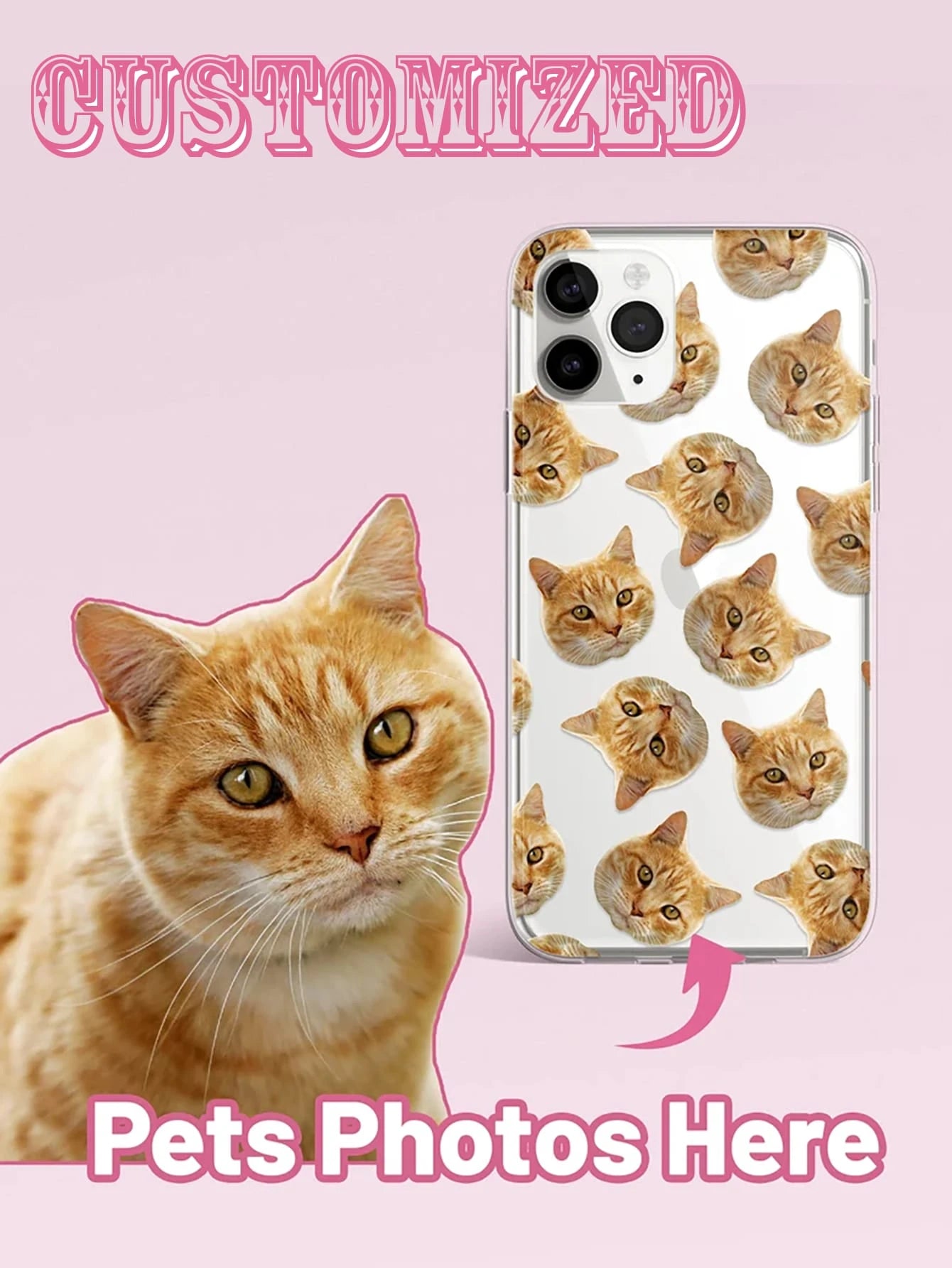 Cat Pattern Repeating Pet Head Customized Phone Case 1pc Customized TPU Transparent 1.0 Phone Case Compatible With 15 Pro Max/17 Pro Max/17, S24U, And Other Models, Protective Phone Case, Personalized