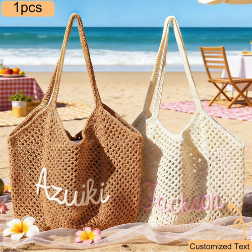 CFUNIQ 1pc Personalized Crochet Beach Tote Bag With Name, Custom Bridesmaid Gift Bag, Travel Beach Crochet Handbag, Large Capacity Summer Beach Bag, Unique Wedding Favor Bachelorette Party Supply