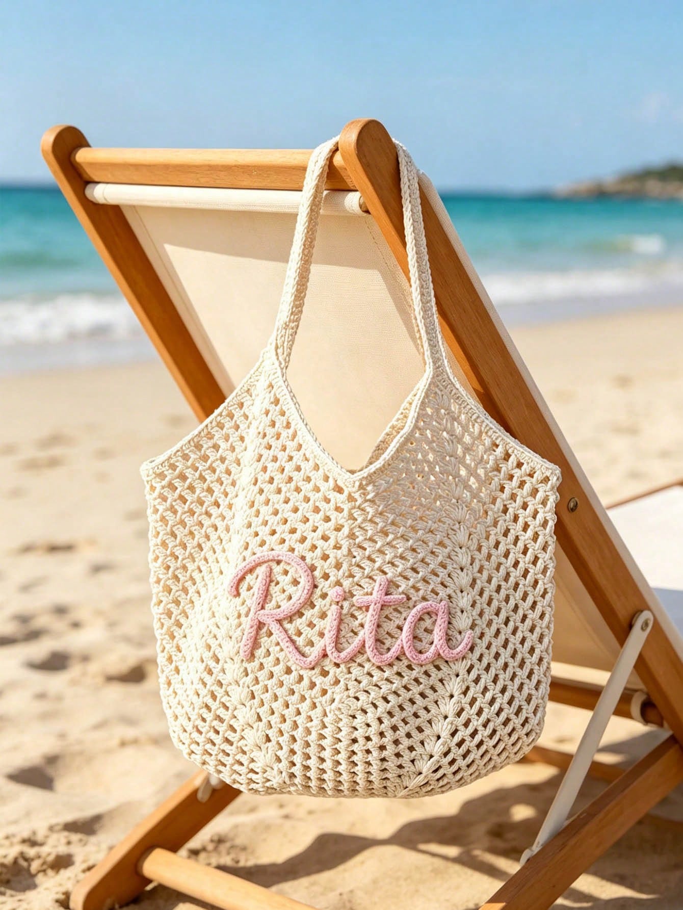 CFUNIQ 1pc Personalized Crochet Beach Tote Bag With Name, Custom Bridesmaid Gift Bag, Travel Beach Crochet Handbag, Large Capacity Summer Beach Bag, Unique Wedding Favor Bachelorette Party Supply