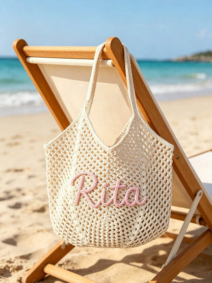 CFUNIQ 1pc Personalized Crochet Beach Tote Bag With Name, Custom Bridesmaid Gift Bag, Travel Beach Crochet Handbag, Large Capacity Summer Beach Bag, Unique Wedding Favor Bachelorette Party Supply