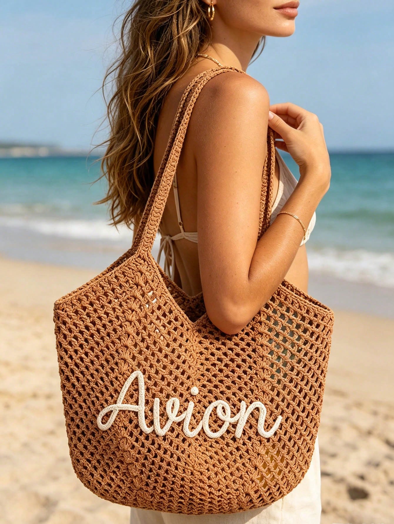 CFUNIQ 1pc Personalized Crochet Beach Tote Bag With Name, Custom Bridesmaid Gift Bag, Travel Beach Crochet Handbag, Large Capacity Summer Beach Bag, Unique Wedding Favor Bachelorette Party Supply