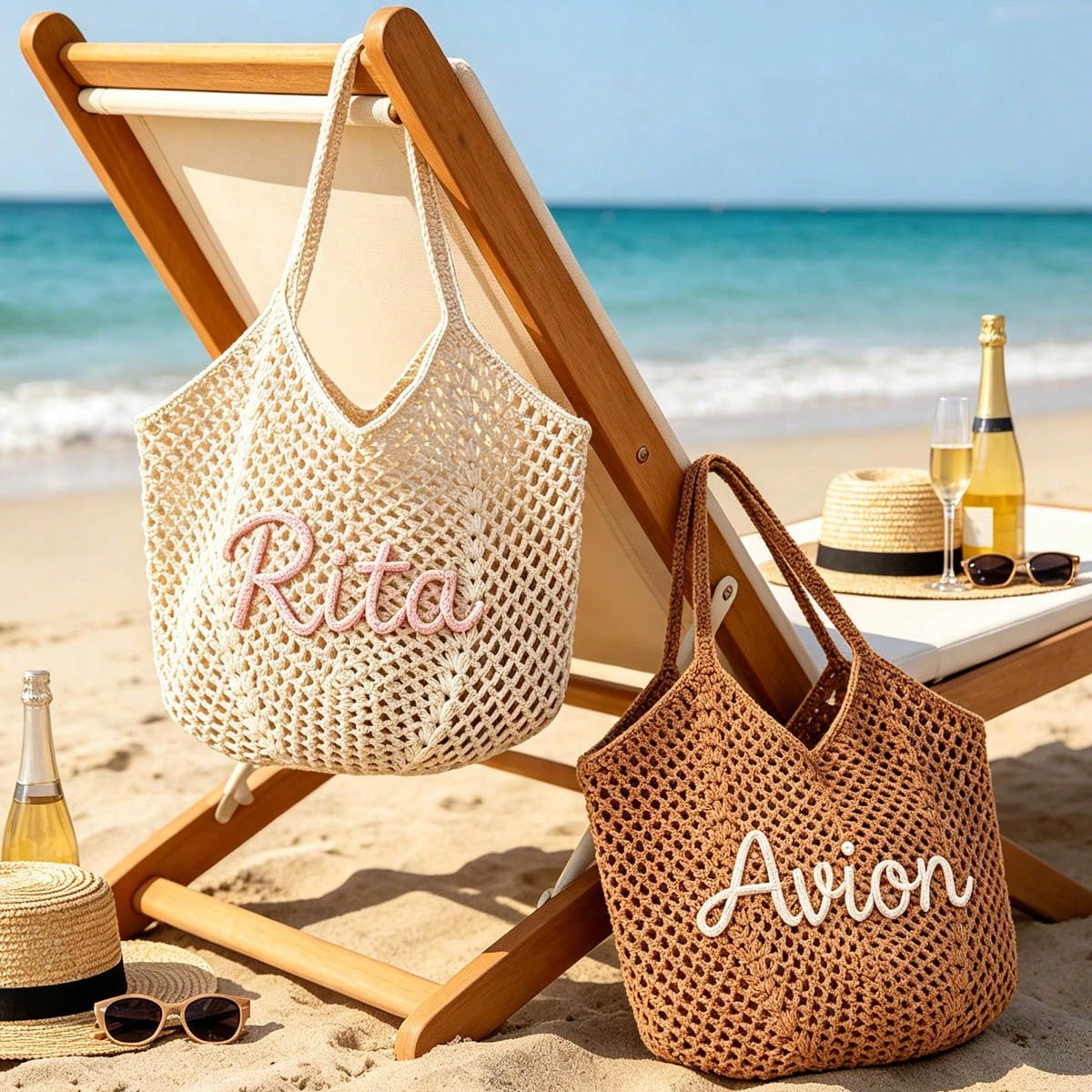CFUNIQ 1pc Personalized Crochet Beach Tote Bag With Name, Custom Bridesmaid Gift Bag, Travel Beach Crochet Handbag, Large Capacity Summer Beach Bag, Unique Wedding Favor Bachelorette Party Supply