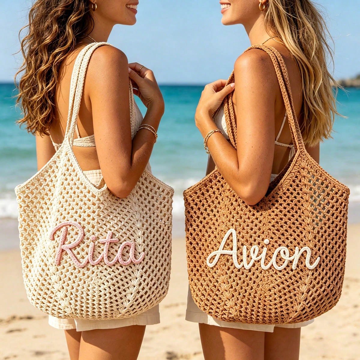CFUNIQ 1pc Personalized Crochet Beach Tote Bag With Name, Custom Bridesmaid Gift Bag, Travel Beach Crochet Handbag, Large Capacity Summer Beach Bag, Unique Wedding Favor Bachelorette Party Supply