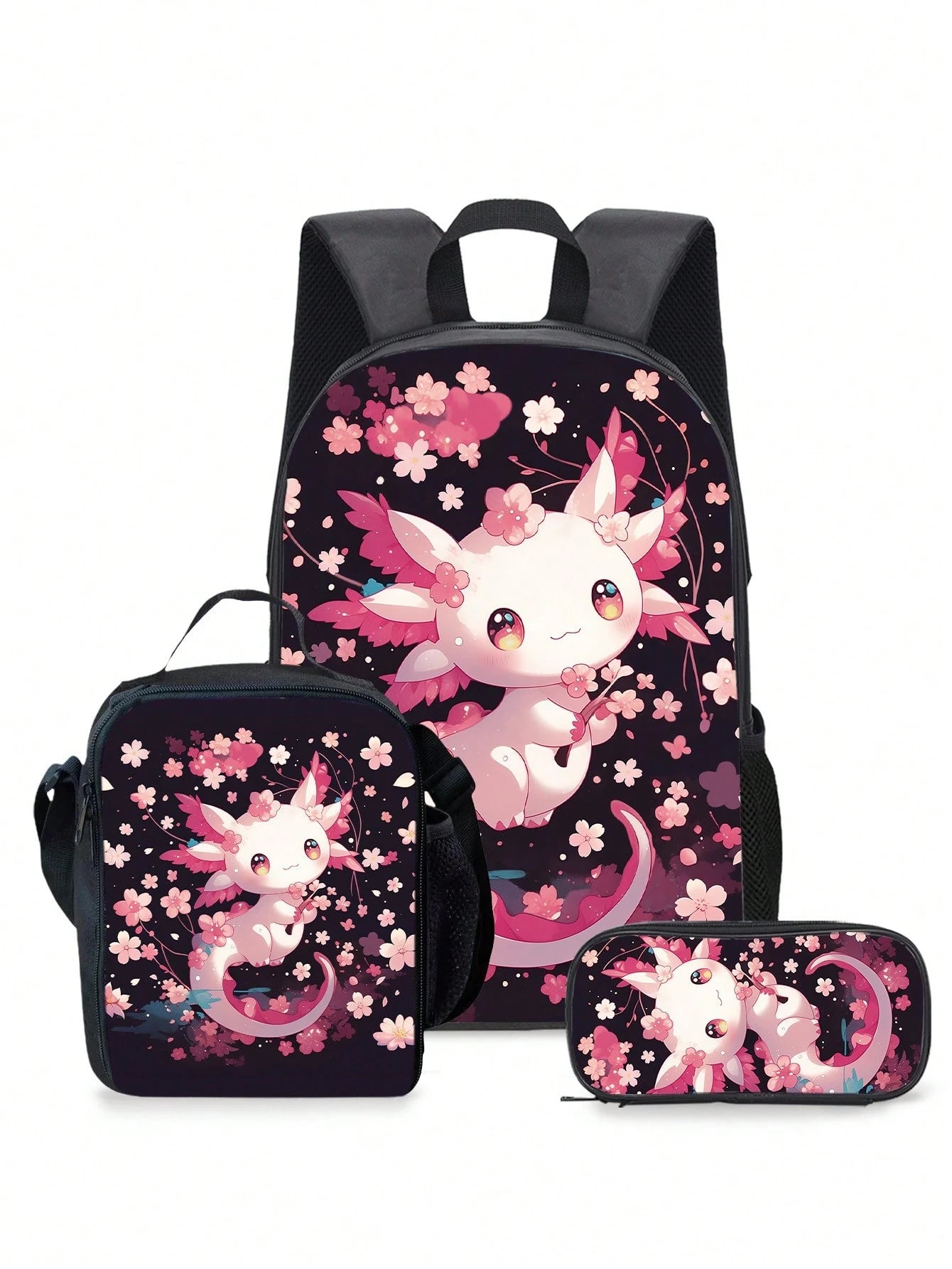Cherry Blossom Cute Dragon Print 3-Piece Set- Large Capacity Backpack With Lunch Bag & Pencil Case, Durable & Lightweight