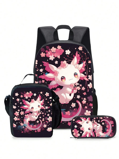 Cherry Blossom Cute Dragon Print 3-Piece Set- Large Capacity Backpack With Lunch Bag & Pencil Case, Durable & Lightweight