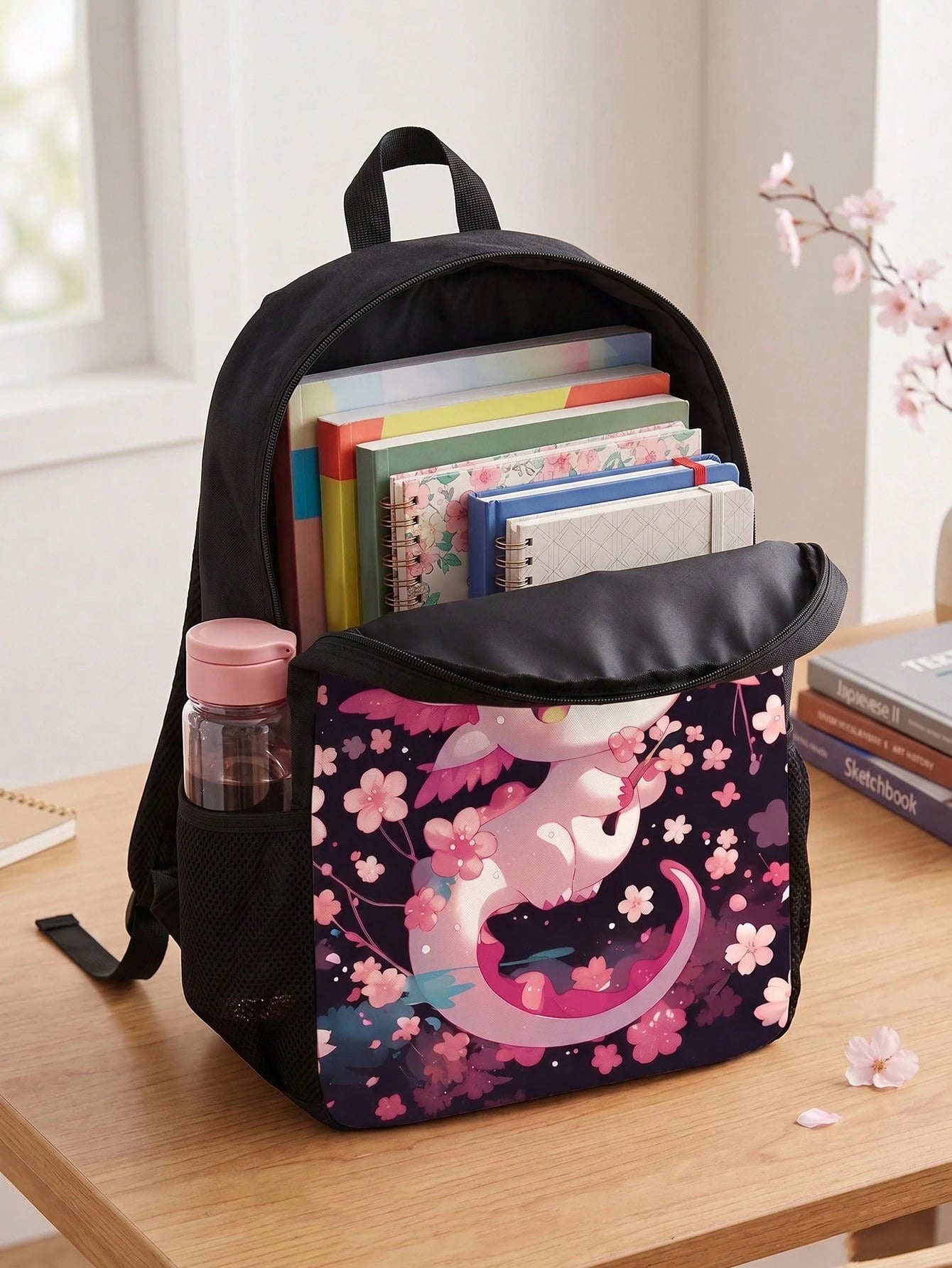 Cherry Blossom Cute Dragon Print 3-Piece Set- Large Capacity Backpack With Lunch Bag & Pencil Case, Durable & Lightweight