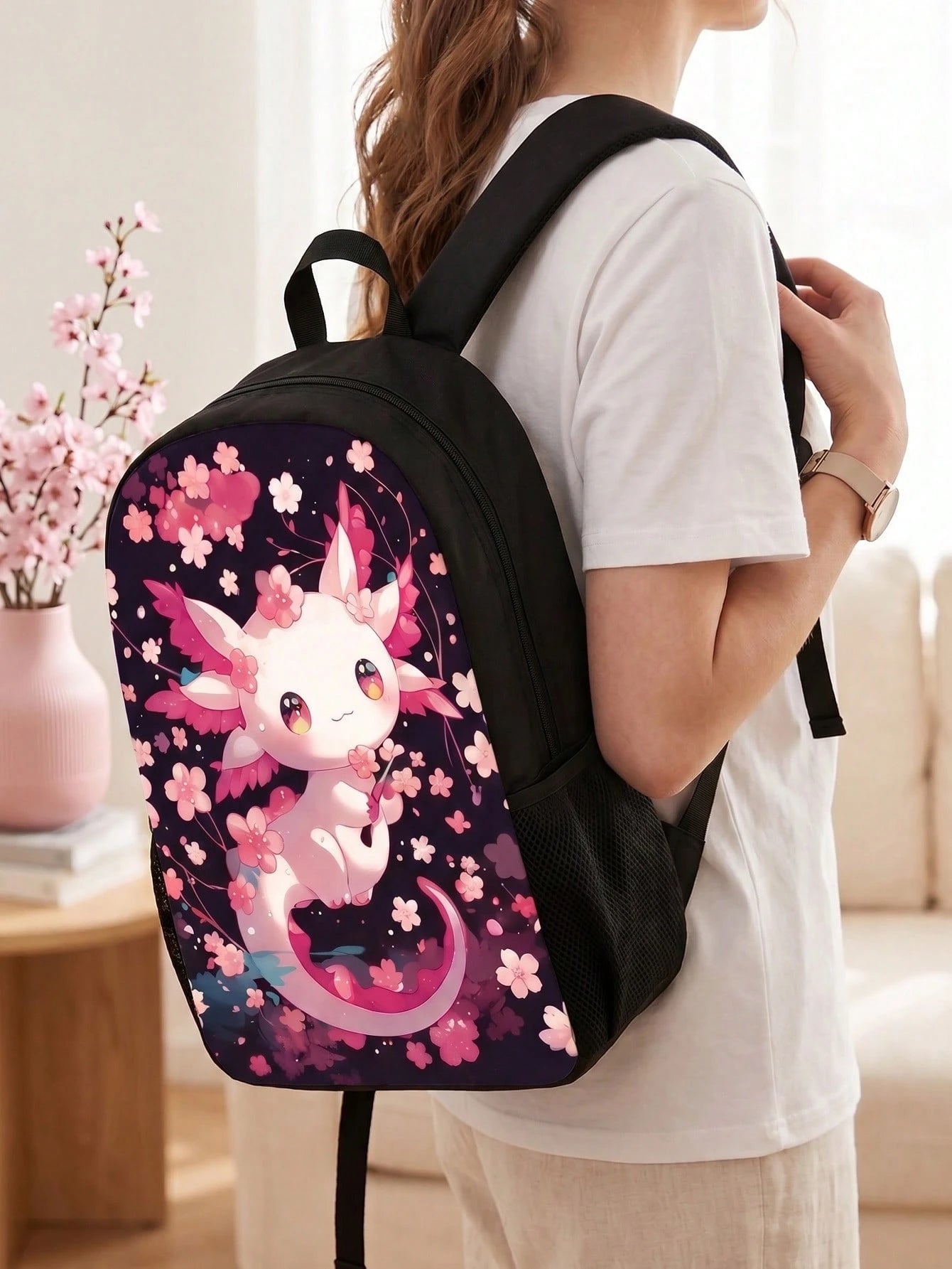 Cherry Blossom Cute Dragon Print 3-Piece Set- Large Capacity Backpack With Lunch Bag & Pencil Case, Durable & Lightweight