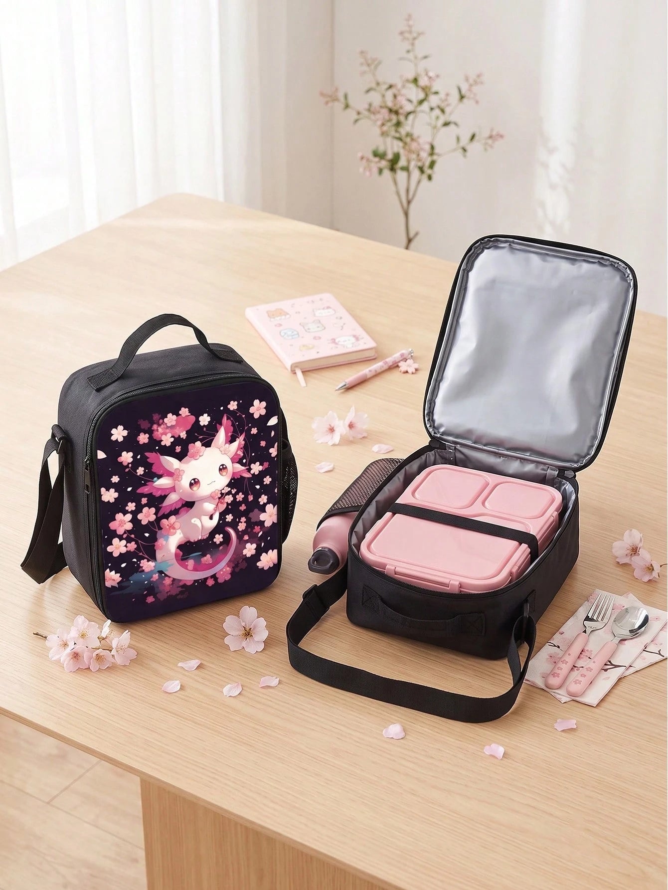 Cherry Blossom Cute Dragon Print 3-Piece Set- Large Capacity Backpack With Lunch Bag & Pencil Case, Durable & Lightweight