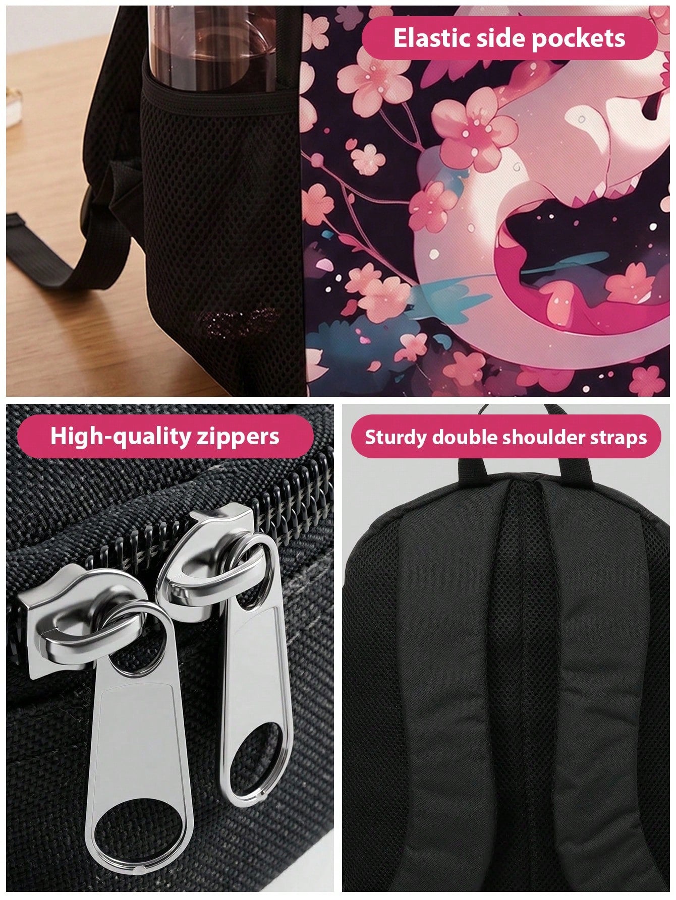 Cherry Blossom Cute Dragon Print 3-Piece Set- Large Capacity Backpack With Lunch Bag & Pencil Case, Durable & Lightweight