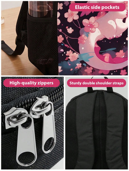 Cherry Blossom Cute Dragon Print 3-Piece Set- Large Capacity Backpack With Lunch Bag & Pencil Case, Durable & Lightweight