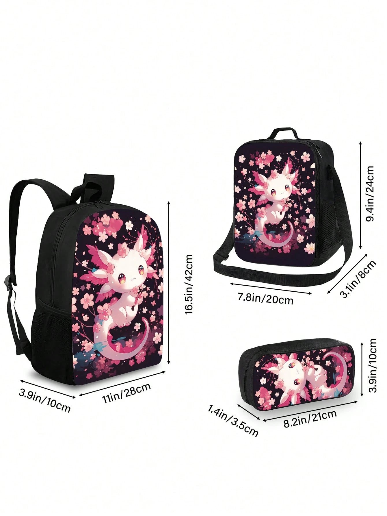 Cherry Blossom Cute Dragon Print 3-Piece Set- Large Capacity Backpack With Lunch Bag & Pencil Case, Durable & Lightweight