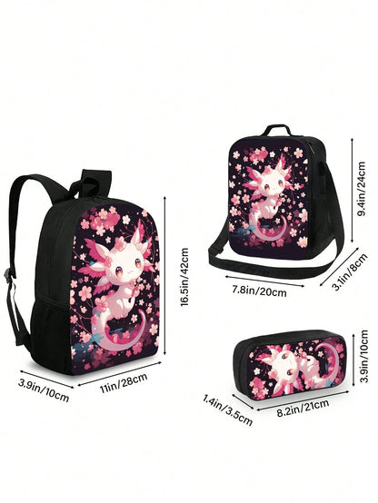 Cherry Blossom Cute Dragon Print 3-Piece Set- Large Capacity Backpack With Lunch Bag & Pencil Case, Durable & Lightweight