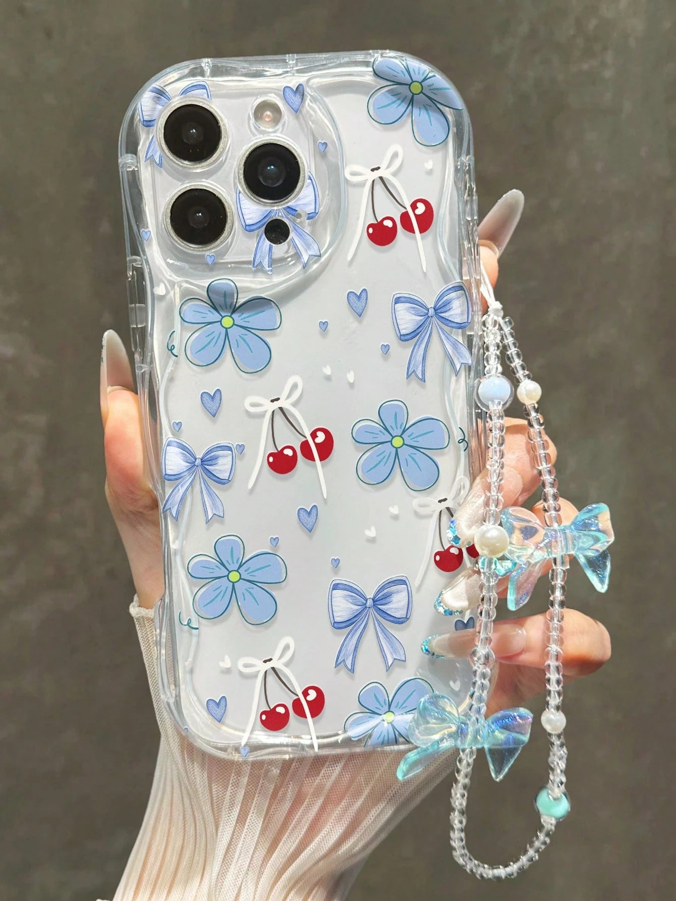 Cherry Painted Flat Print Cream Wavy Edge With Bracelet Simple Anti-Drop Thickened Phone Protective Case Suitable For Ip 17/Ip 17pro/Ip 17promax/Iphone16 XR/7/8 Iphone15Promax/12PROMAX/13PROMAX/14PRO