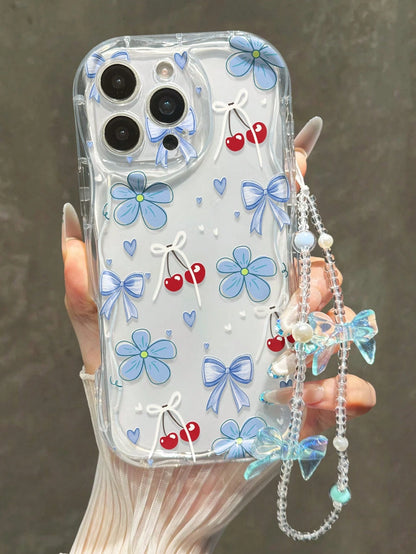 Cherry Painted Flat Print Cream Wavy Edge With Bracelet Simple Anti-Drop Thickened Phone Protective Case Suitable For Ip 17/Ip 17pro/Ip 17promax/Iphone16 XR/7/8 Iphone15Promax/12PROMAX/13PROMAX/14PRO
