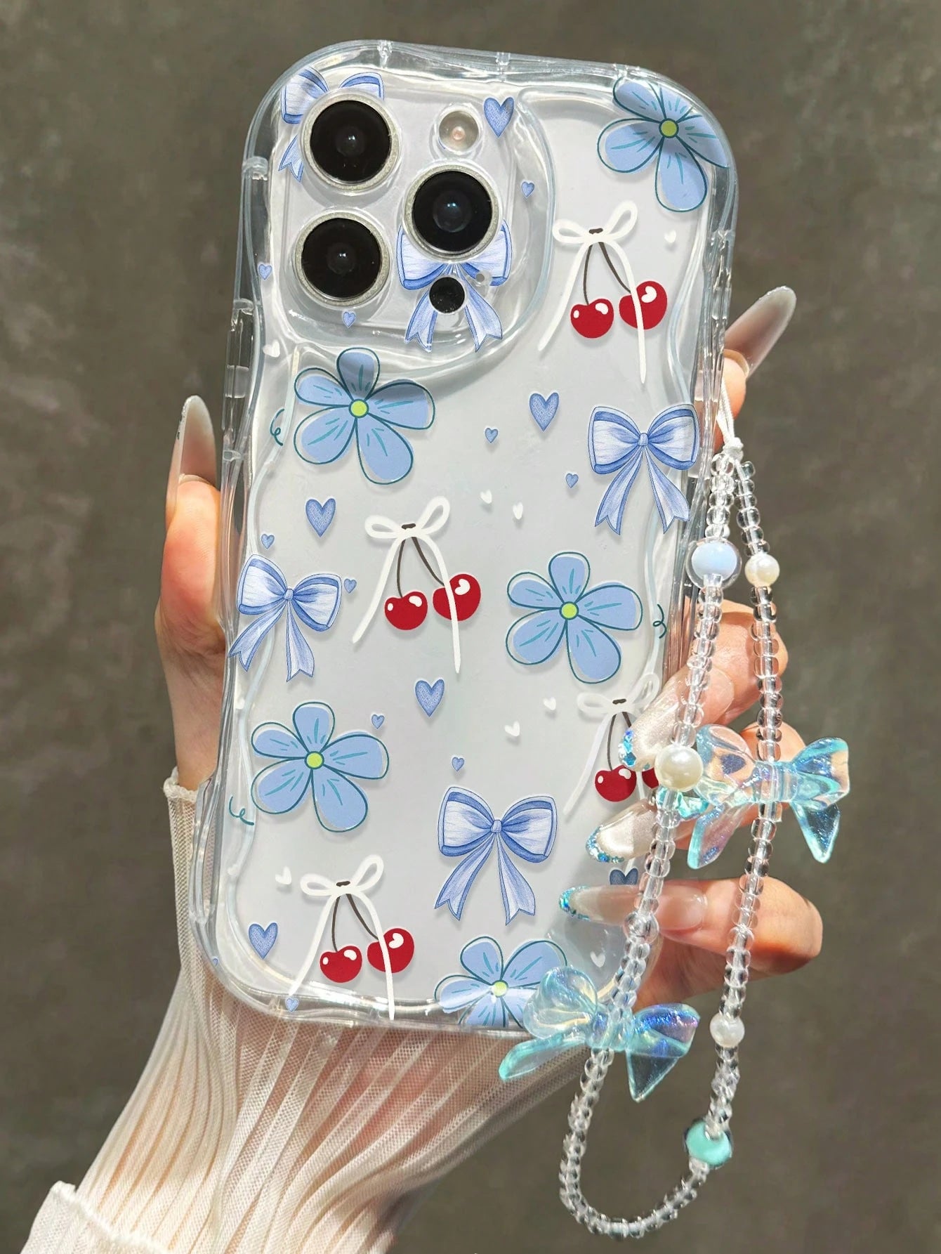 Cherry Painted Flat Print Cream Wavy Edge With Bracelet Simple Anti-Drop Thickened Phone Protective Case Suitable For Ip 17/Ip 17pro/Ip 17promax/Iphone16 XR/7/8 Iphone15Promax/12PROMAX/13PROMAX/14PRO