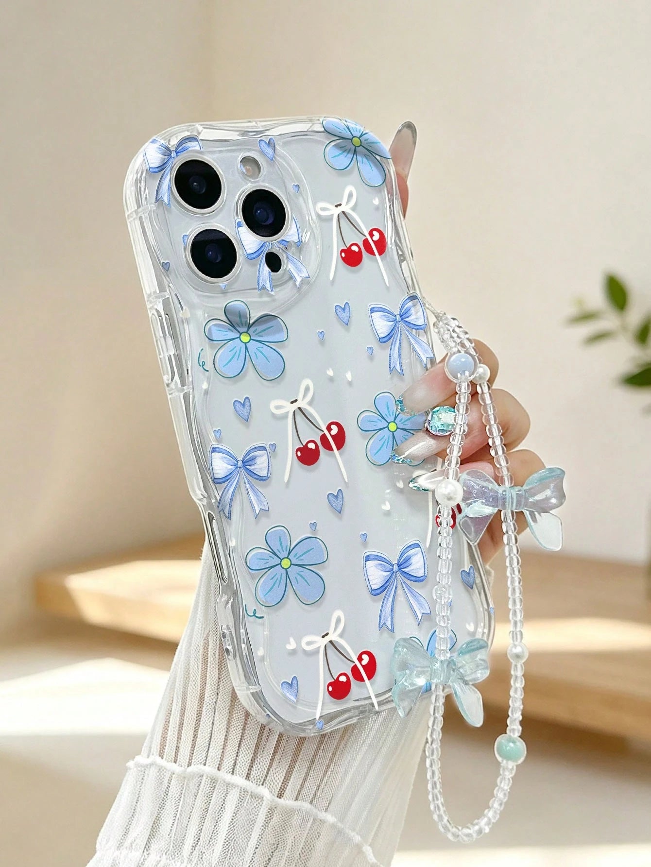 Cherry Painted Flat Print Cream Wavy Edge With Bracelet Simple Anti-Drop Thickened Phone Protective Case Suitable For Ip 17/Ip 17pro/Ip 17promax/Iphone16 XR/7/8 Iphone15Promax/12PROMAX/13PROMAX/14PRO