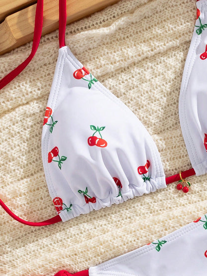 Cherry Print Bikini Set With Red Tie, Casual & Vacation Beach White Summer