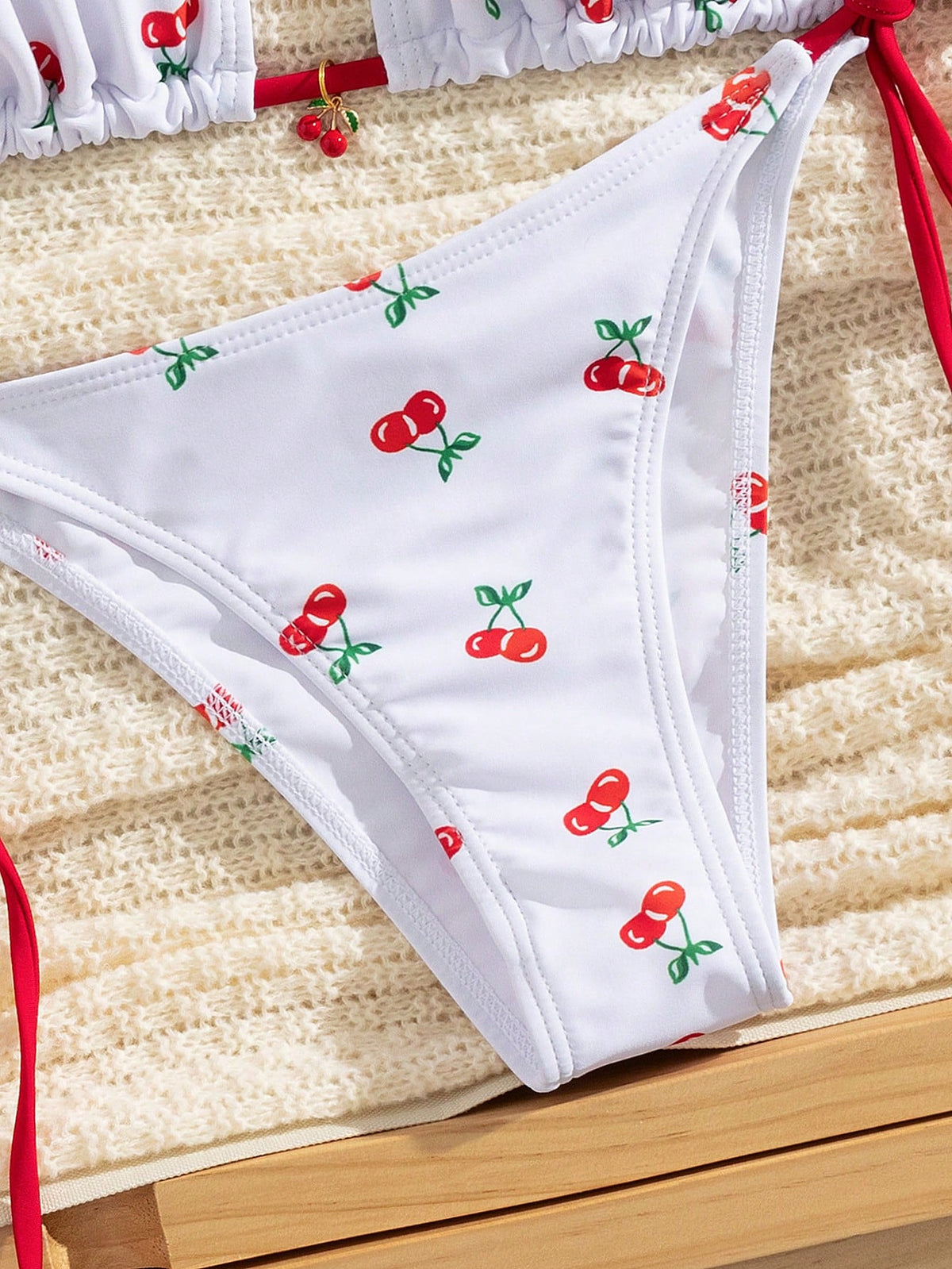 Cherry Print Bikini Set With Red Tie, Casual & Vacation Beach White Summer