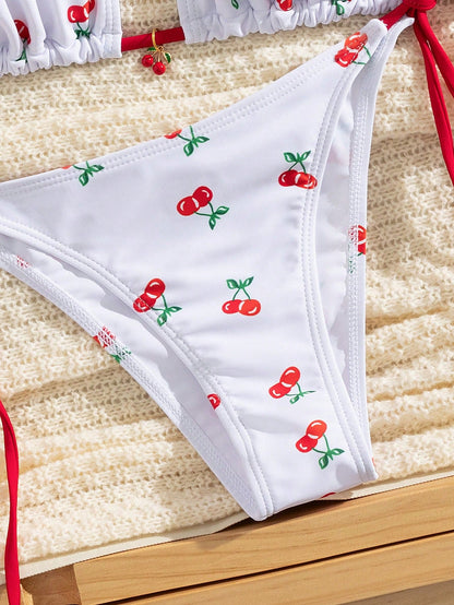 Cherry Print Bikini Set With Red Tie, Casual & Vacation Beach White Summer