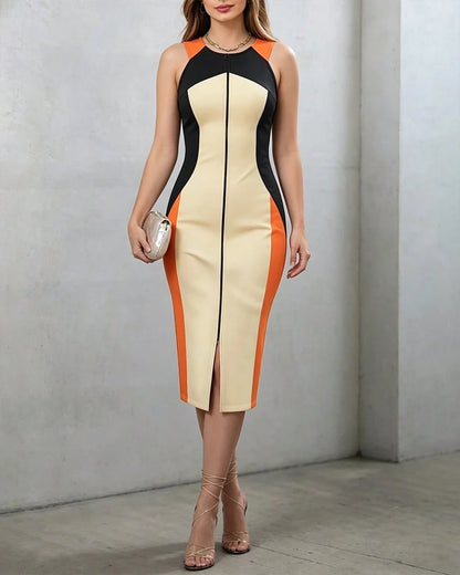 ChicMe Women Colorblock O-Neck Sleeveless Zipper Front Slit Front Midi Dress Stylish Commuting Daily Dress