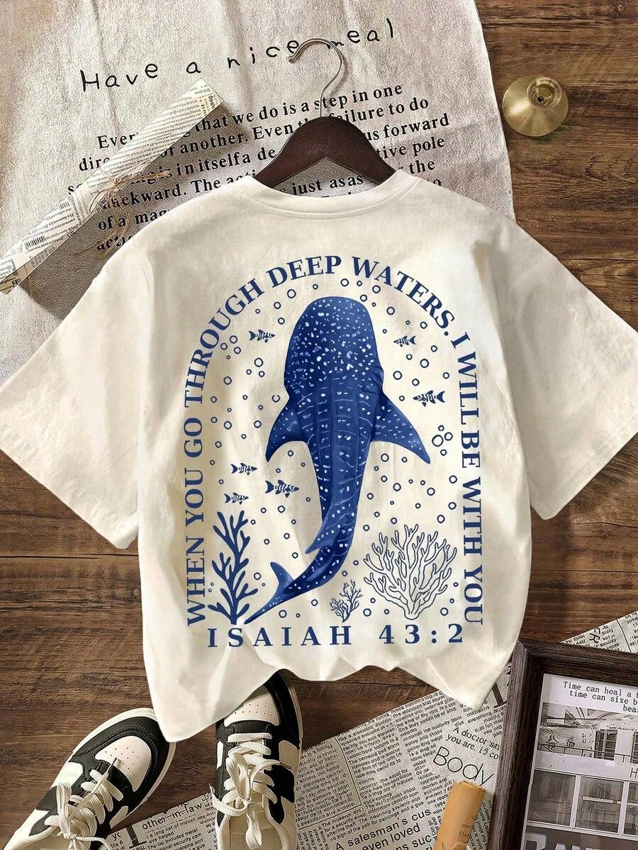 Christian Whale Shark Graphic T-Shirt, Bible Verse T-Shirt, Ocean Faith, Women's Casual Round Neck Short Sleeve T-Shirt, Summer Holiday Beach Outfit