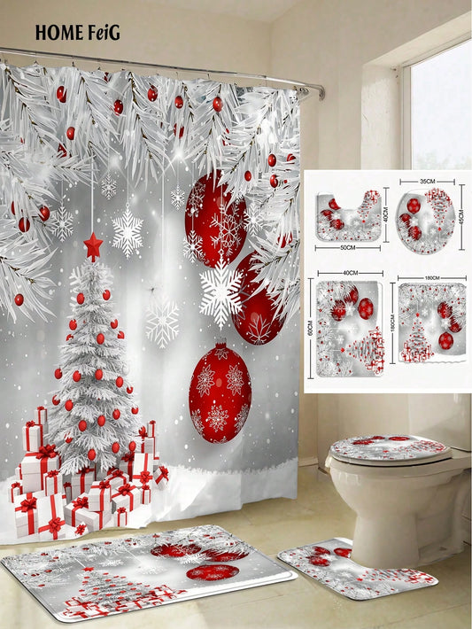 Christmas Decorations 4pcs Silver White Red Shower Curtain Bathroom Set,Winter Snowflake Tree Ornament Waterproof And Wear-Resistant Bathroom Decor And Accessories,With 12 Hooks- Includes Toilet Seat