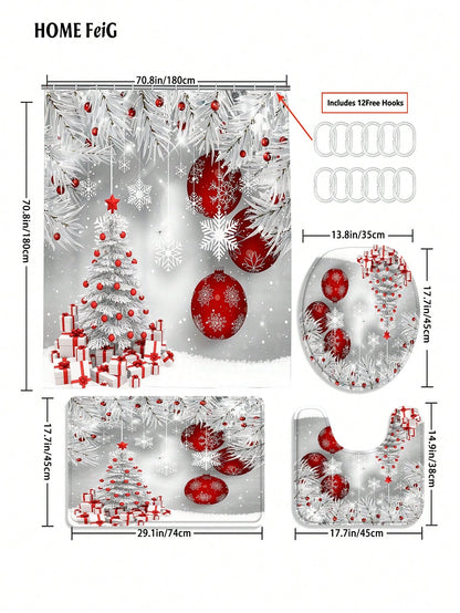 Christmas Decorations 4pcs Silver White Red Shower Curtain Bathroom Set,Winter Snowflake Tree Ornament Waterproof And Wear-Resistant Bathroom Decor And Accessories,With 12 Hooks- Includes Toilet Seat