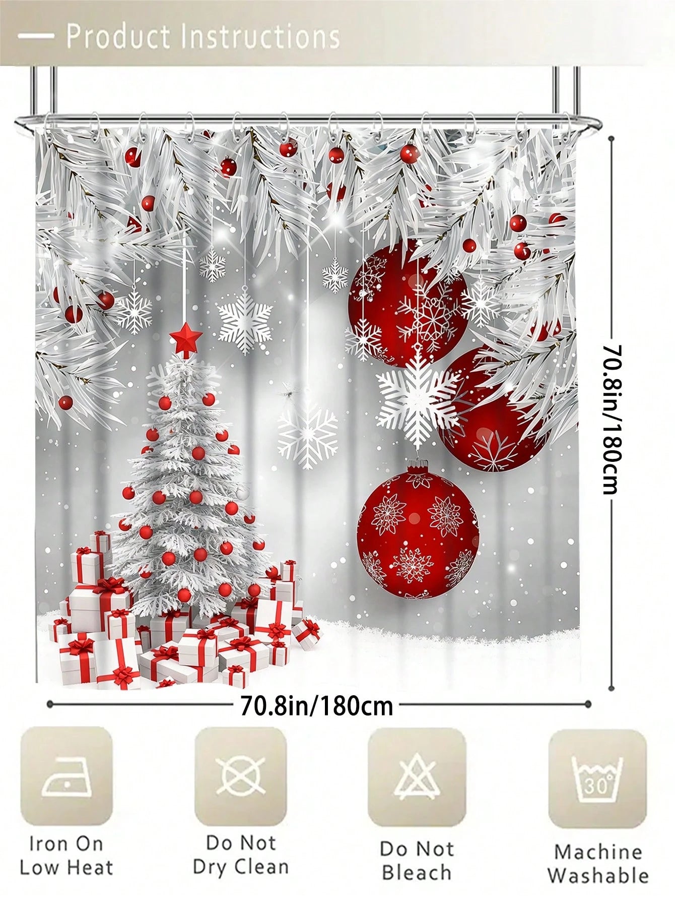 Christmas Decorations 4pcs Silver White Red Shower Curtain Bathroom Set,Winter Snowflake Tree Ornament Waterproof And Wear-Resistant Bathroom Decor And Accessories,With 12 Hooks- Includes Toilet Seat